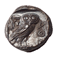 Chouette chevêche. Monnaie antique.