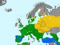Gros-bec casse-noyaux. Répartition. Cliquer pour agrandir l'image.