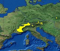 Marmotte des Alpes. Répartition. Cliquer pour agrandir l'image.