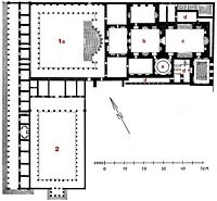 Le site archéologique de Milet en Anatolie. Plan des thermes de Capito (auteur Gehrard Kleiner, Institut archéologique allemand). Cliquer pour agrandir l'image.