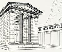 Le site archéologique de Priène en Anatolie. Reconstitution du temple d'Asclépios. Cliquer pour agrandir l'image.