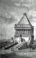 Le mausolée du roi Mausole à Halicarnasse (Bodrum) en Anatolie. Reconstitution dans Voyage aux Sept Merveilles du Monde, Lucien Augé de Lassus, Paris, 1878 (Gravure de Sidney Barclay). Cliquer pour agrandir l'image.