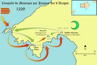 L'île de Majorque aux Baléares. Histoire de Majorque. Carte de la reconquête de Majorque par Jaume Ier. Cliquer pour agrandir l'image.