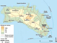 L'île de Minorque aux Baléares. Carte physique de l'île. Cliquer pour agrandir l'image.