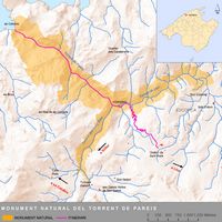 Le village de Sa Calobra à Majorque. Carte du Torrent de Pareís. Cliquer pour agrandir l'image.