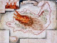 The Timanfaya National Park in Lanzarote. Map of the eruption from 1730 painted in November 1730. Click to enlarge the image.