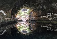 The chasms of Jameos del Agua in Haría in Lanzarote. Volcanic Hose and lake. Click to enlarge the image.