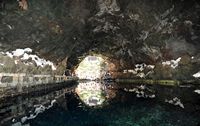 The chasms of Jameos del Agua in Haría in Lanzarote. Volcanic Hose and lake. Click to enlarge the image.