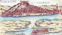 La ville de Šibenik en Croatie. Gravure ancienne. Cliquer pour agrandir l'image.