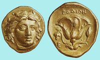 Gold coin, Helios on the obverse, the reverse rose, 350-340 BC. Click to enlarge the image.