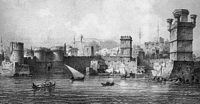 Befestigungen von Rhodos, Malerei von Étienne Flandin 1853. Klicken, um das Bild zu vergrößern.