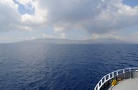 L'île de Kos vue depuis le ferry de Bodrum. Cliquer pour agrandir l'image.