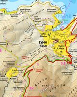L’île de Symi en mer Égée. Carte topographique de la région de Symi. Cliquer pour agrandir l'image.
