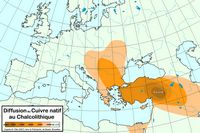 L'île de Crète à l'époque minoenne. Diffusion du cuivre natif à l'époque chalcolithique (auteur Hamelin de Guettelet). Cliquer pour agrandir l'image.