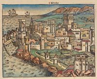 Sur la gauche, la tour de Naillac à Rhodes vers 1490. Cliquer pour agrandir l'image.