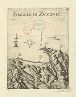 Le village d'Arkalochori en Crète. Gravure de la Spiaggia di Zuzzuro par Marco Boschini en 1651. Cliquer pour agrandir l'image.