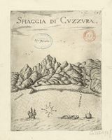 Le village de Koutsouras en Crète. Gravure de la Spiaggia di Cuzzura par Marco Boschini en 1651. Cliquer pour agrandir l'image.