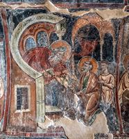Le village de Kritsa en Crète. Fresque de l'Eau de l'Épreuve de la Panagia Kera (auteur Jerzy Strzelecki). Cliquer pour agrandir l'image.