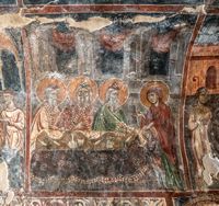 Le village de Kritsa en Crète. Fresque de la Bénédiction de Marie par les Prêtres de la Panagia Kera (auteur Jerzy Strzelecki). Cliquer pour agrandir l'image.