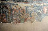 Le village de Kritsa en Crète. Présentation de Marie au Temple sur la voûte de la nef sud de l'église Panagia Kera. Cliquer pour agrandir l'image.
