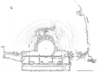 La cité antique d'Aptera en Crète. Croquis des ruines du théâtre avec four à chaux avant restauration (auteur Nikolaos Chatzidakis). Cliquer pour agrandir l'image.