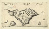 Le village de Souda en Crète. Gravure de la Fortezza della Suda par Marco Boschini en 1651. Cliquer pour agrandir l'image.