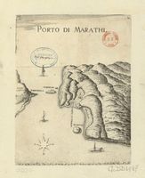 Le village de Souda en Crète. Gravure du Porto di Marathi par Marco Boschini en 1651. Cliquer pour agrandir l'image.