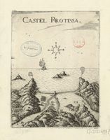Le village de Tympaki en Crète. Gravure du Castel Protissa par Marco Boschini en 1651. Cliquer pour agrandir l'image.