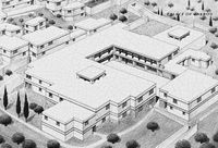 Le village de Zakros en Crète. Reconstitution libre du palais de Zakros vu du sud-ouest (auteur K. Iliakis). Cliquer pour agrandir l'image.