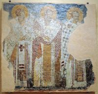 La ville d’Agia Fotini en Crète. Fresque de la Communion des Apôtres Évêques officiant de l'église Notre-Dame à Patsos (Musée archéologique de Réthymnon). Cliquer pour agrandir l'image.