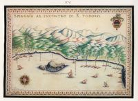 La ville de La Canée en Crète. Carte ancienne des environs de l'îlot Saints-Théodores par Francesco Basilicata en 1618. Cliquer pour agrandir l'image.