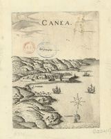 La ville de La Canée en Crète. Gravure de Canea par Marco Boschini en 1651. Cliquer pour agrandir l'image.