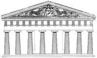 La presqu’île de Kanóni à Corfou. Reconstitution de la façade du temple d'Artémis. Cliquer pour agrandir l'image.