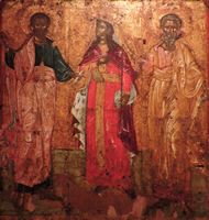 La presqu’île de Kanóni à Corfou. Icône de saints Jason, Sossipater et Corcyre. Cliquer pour agrandir l'image.