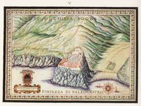La ville de Gazi en Crète. Carte ancienne de la forteresse de Paléokastro par Francesco Basilicata en 1618. Cliquer pour agrandir l'image.