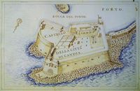 Les fortifications d’Héraklion en Crète. La forteresse de la mer de Candie (gravure de Francesco Basilicata en 1636-1638). Cliquer pour agrandir l'image.
