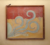 Le palais de Cnossos à Héraklion en Crète. La fresque à la pieuvre de la salle du trône supérieure. Cliquer pour agrandir l'image.