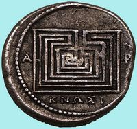 Le palais de Cnossos à Héraklion en Crète. Statère de Cnossos au labyrinthe de 300 avant JC. Cliquer pour agrandir l'image.