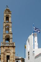 Steeple of the church of the Virgin in the old town of Lindos in Rhodes. Click to enlarge the image.