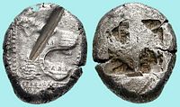 Stater of Lindos in Rhodes roaring lion's head towards 515-475 BC. Click to enlarge the image.
