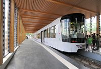 Le train panoramique du Puy de Dôme. Une rame du Panoramique des Dômes en gare d'en-bas. Cliquer pour agrandir l'image.
