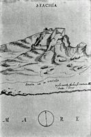 La ville de Sfakia en Crète. Dessin du Castel Sfachia par Alessandri en 1626. Cliquer pour agrandir l'image.